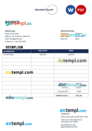 Church Service Invoice template in word and pdf format