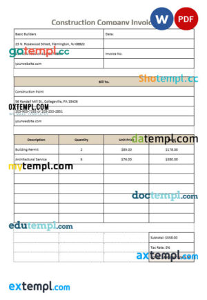 Construction Company Invoice template in word and pdf format