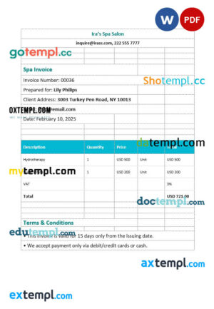 Editable Spa Invoice template in word and pdf format
