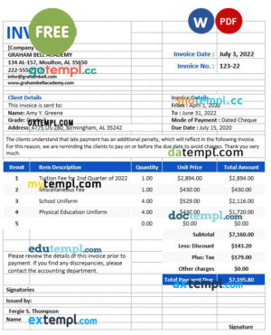 Billing invoice template in word and pdf format