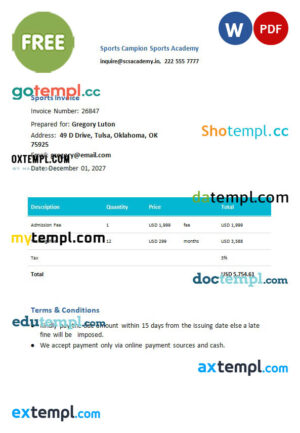 Sample Rental Invoice template in word and pdf format