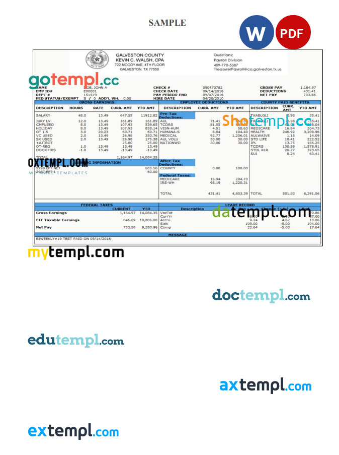GALVESTON County payroll check pay stub Word and PDF template GALVESTON County payroll check pay stub Word and PDF template