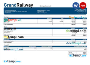 Grand Railway company paystub template in Word and PDF formats
