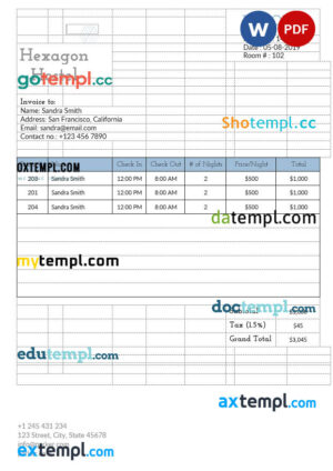 Hostel Invoice template in word and pdf format