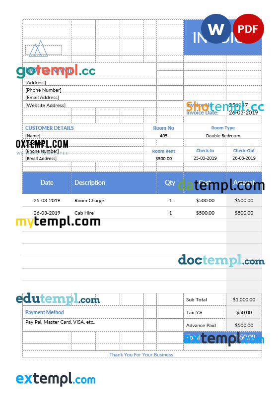 Hotel stay invoice template in word and pdf format Hotel stay invoice template in word and pdf format