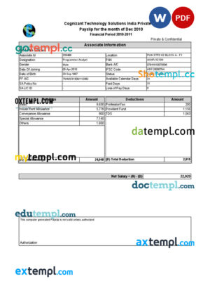 INDIA COGNIZANT Technology Solutions India Private Ltd payslip pay stub template in Word and PDF formats
