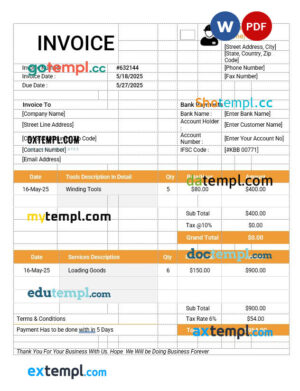 Labour Invoice template in word and pdf format