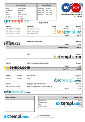 Luxottica Retail Paystub Word and PDF template