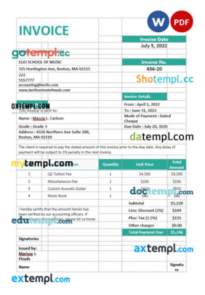 Music School Invoice template in word and pdf format