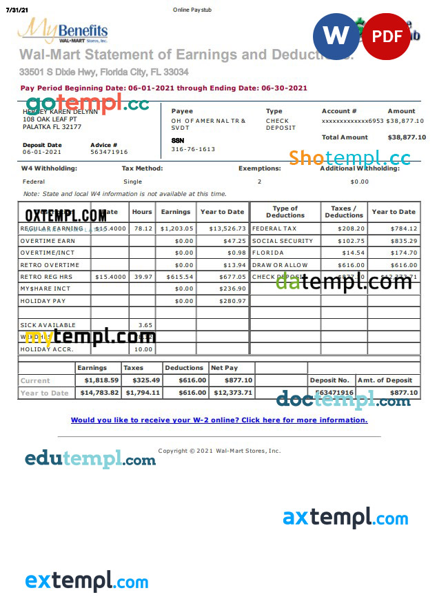 My Benefits Wal-Mart earnings statement Word and PDF template My Benefits Wal-Mart earnings statement Word and PDF template