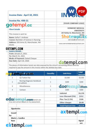 Nursing School Invoice template in word and pdf format