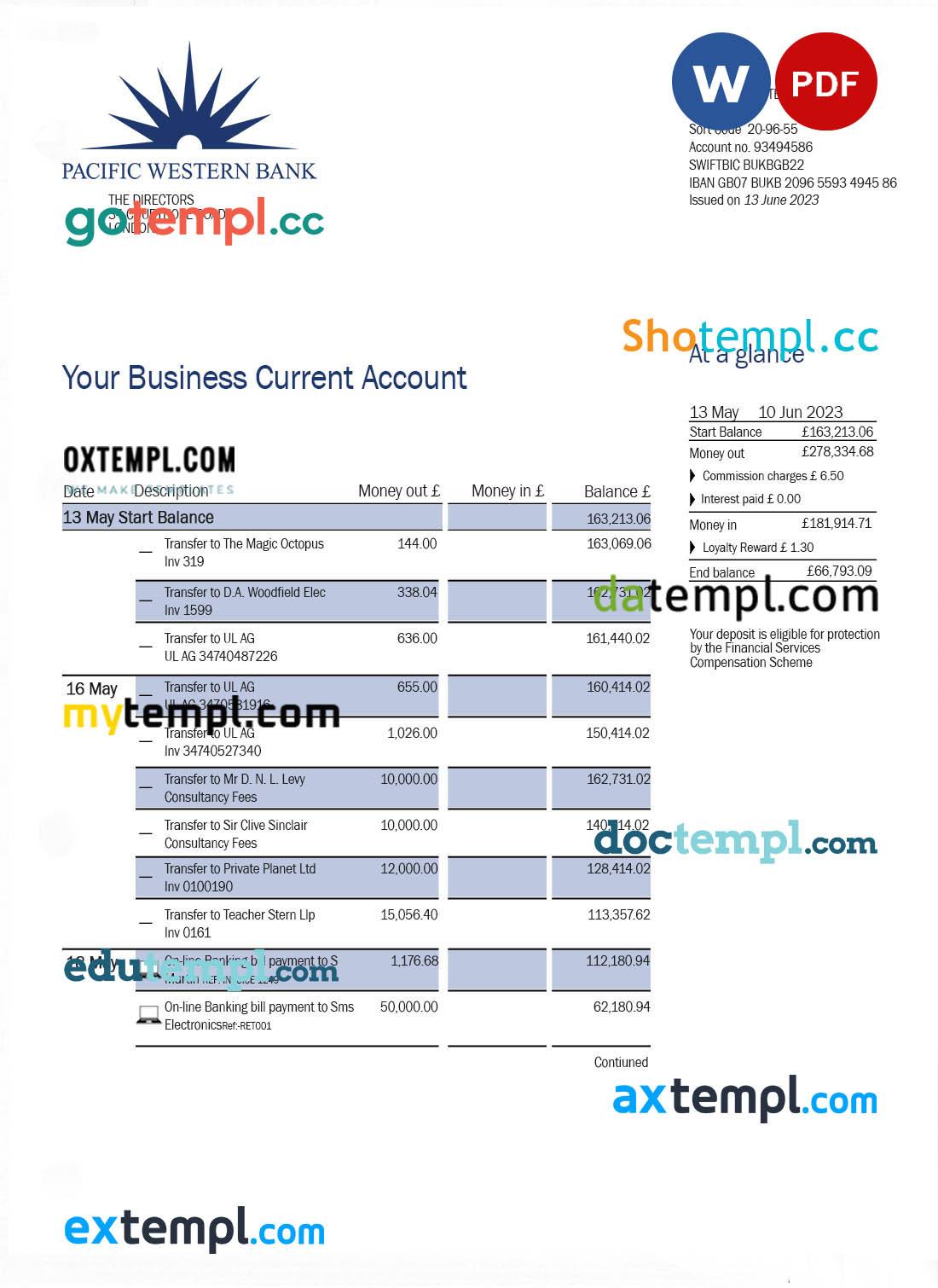Pacwest Bank corporate checking account statement Word and PDF template Pacwest Bank corporate checking account statement Word and PDF template