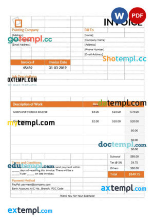 Painting Services Invoice template in word and pdf format