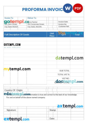 Sample Proforma Invoice template in word and pdf format