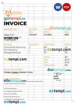 Linea Italia business utility bill, Word and PDF template, 2 pages