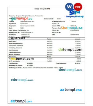 Shapoorji Pallonji employee pay stub template in PDF and Word formats