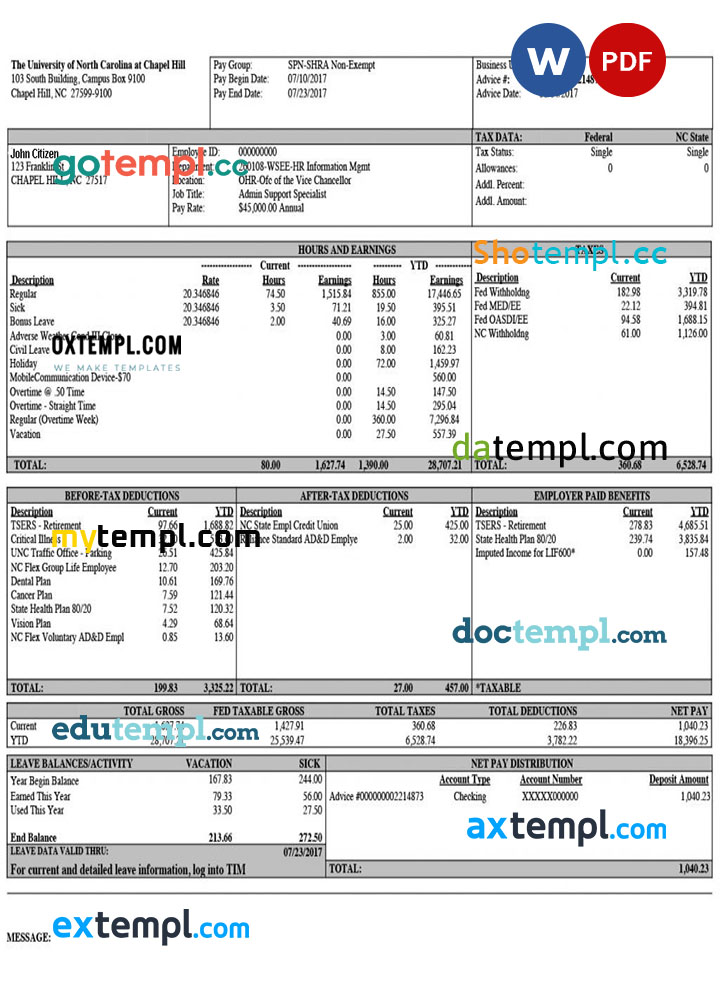 THE UNIVERSITY of North Carolina at Chapel Hill paystub template in Word and PDF formats THE UNIVERSITY of North Carolina at Chapel Hill paystub template in Word and PDF formats