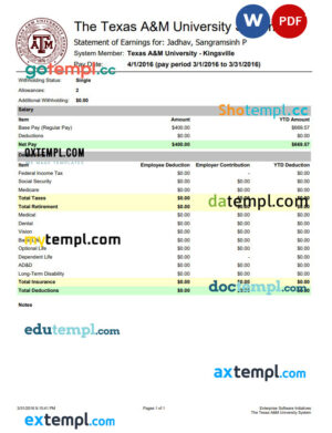 The Texas A&M University System Earnings statement Word and PDF template