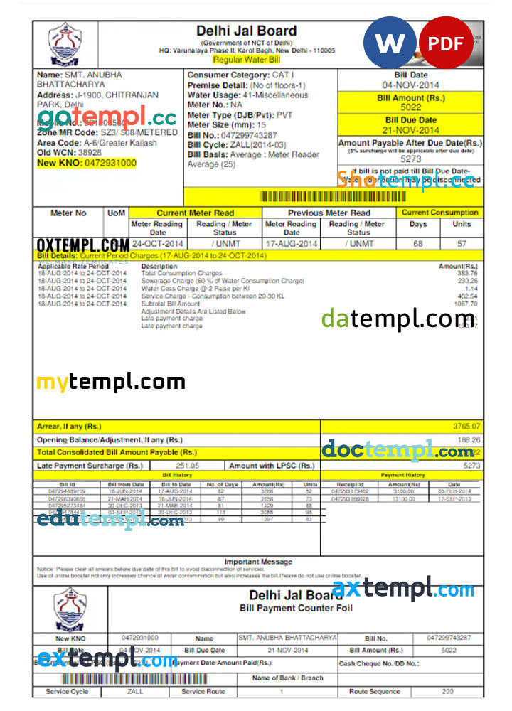 INIDA DELHI JAL BOARD utility bill Word and PDF template