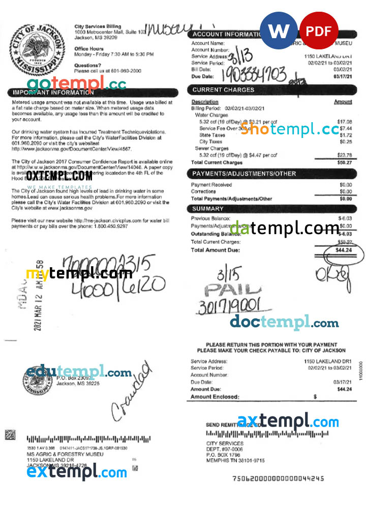 USA CITY OF JACKSON utility bill Word and PDF template