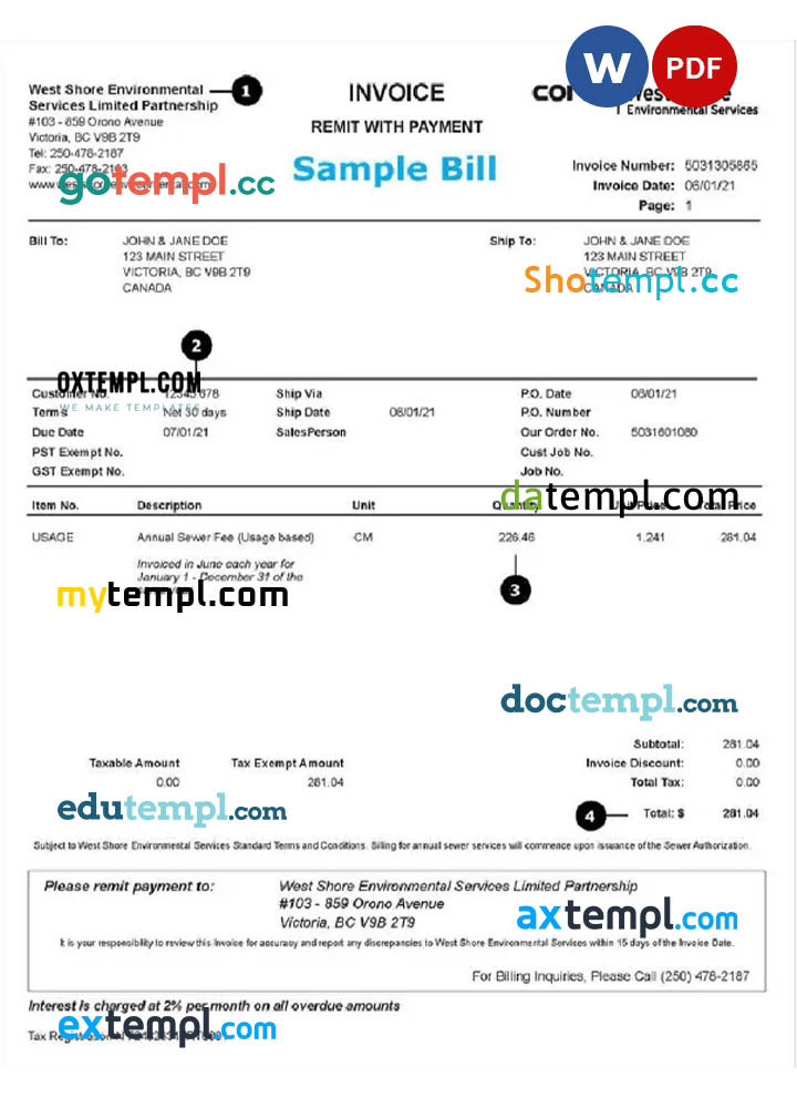 USA WEST SHORE utility bill Word and PDF template