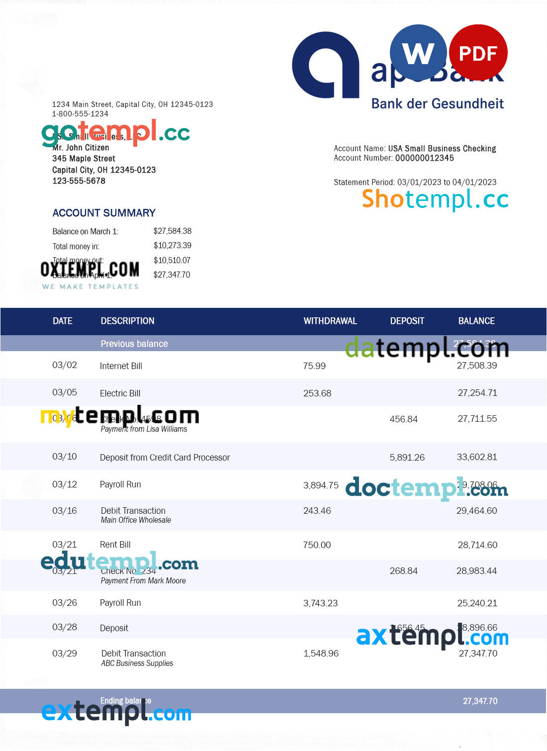 Apobank enterprise account statement Word and PDF template