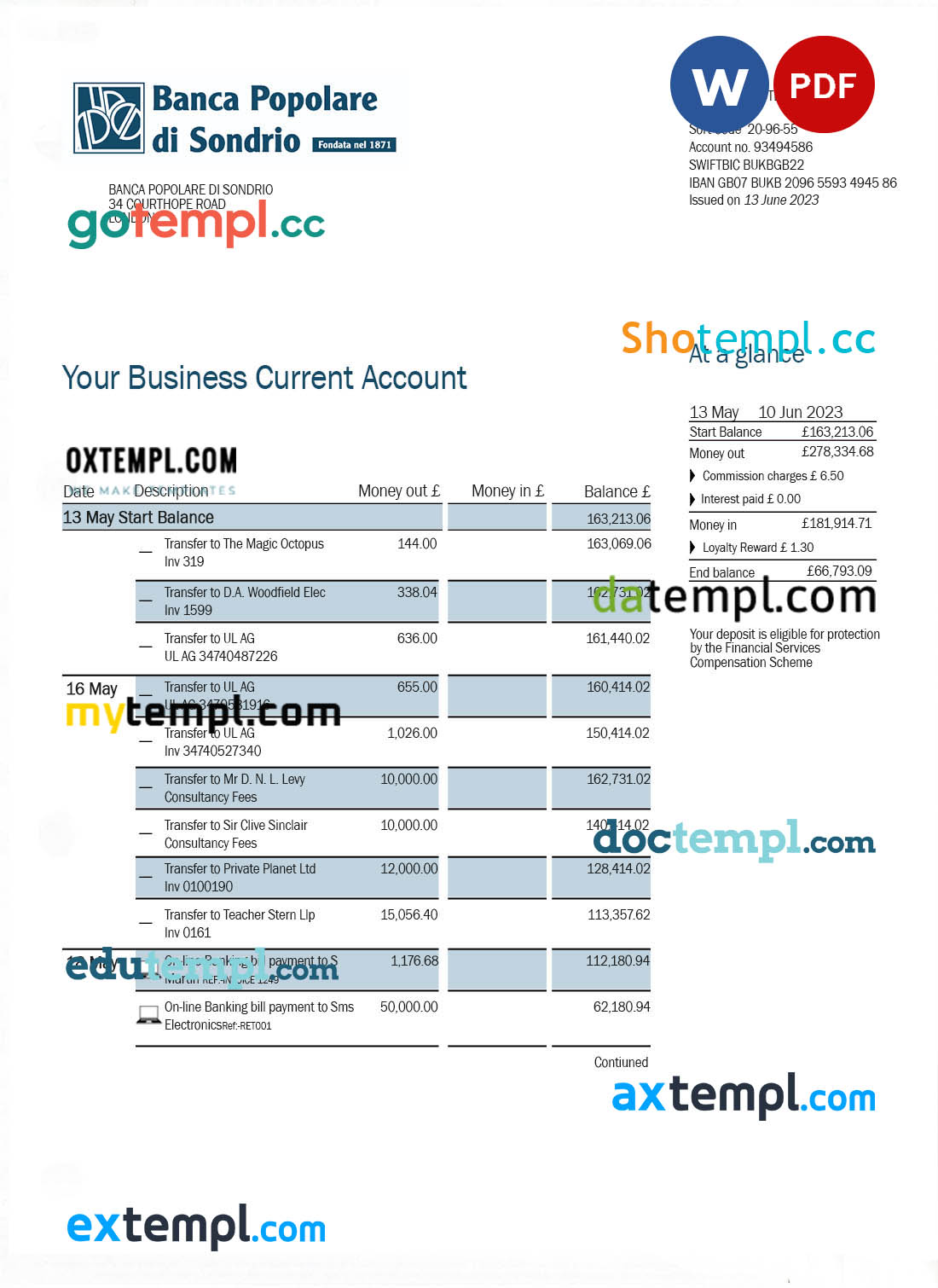 Banca Populaire di Sondrio Business Bank statement Word and PDF template