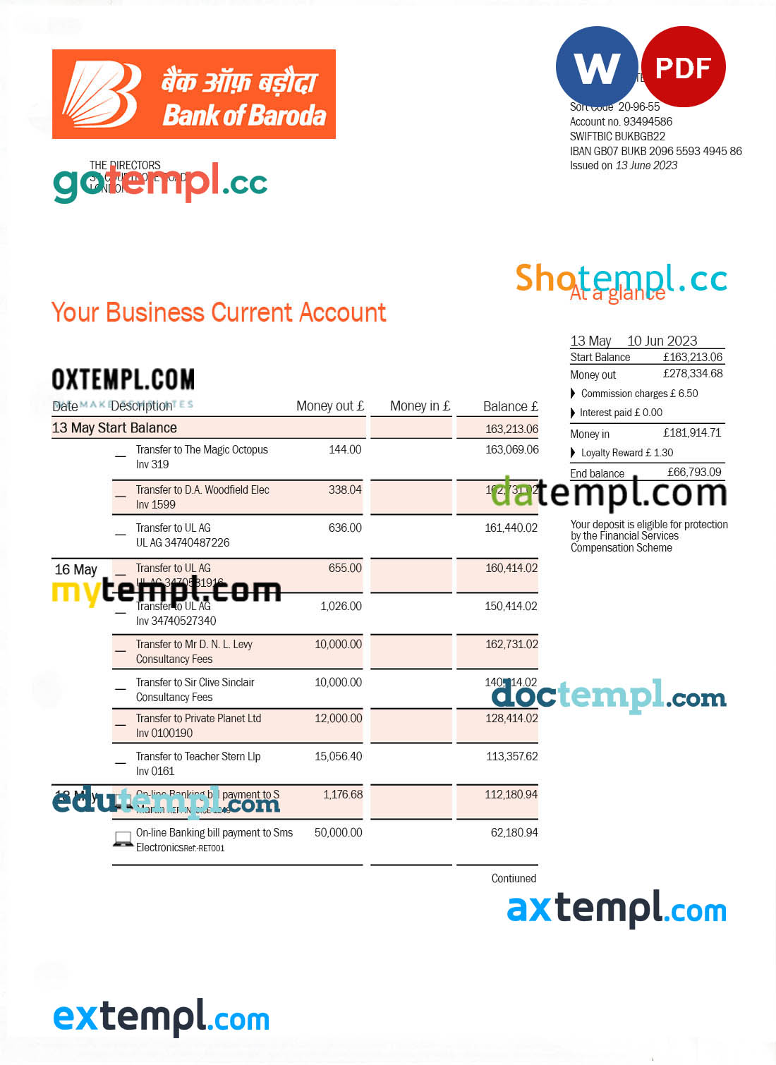Nicaragua BAC Credomatic bank statement template in Word and PDF format