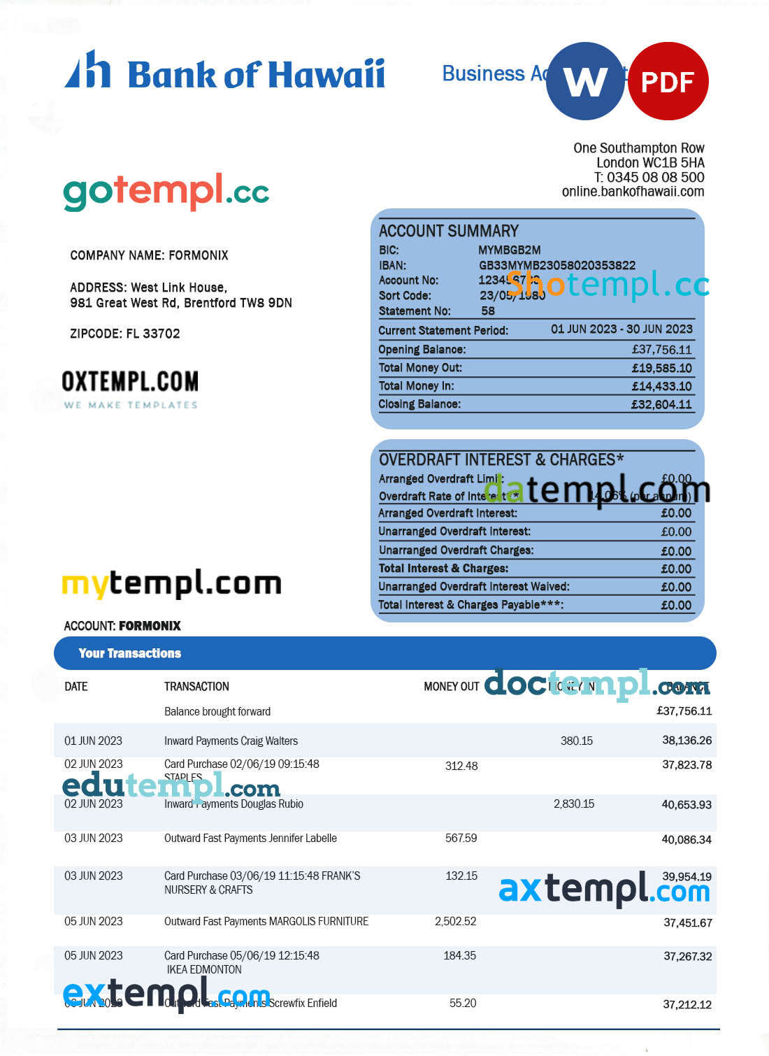 paycheck stub template in Word and PDF format, version 2