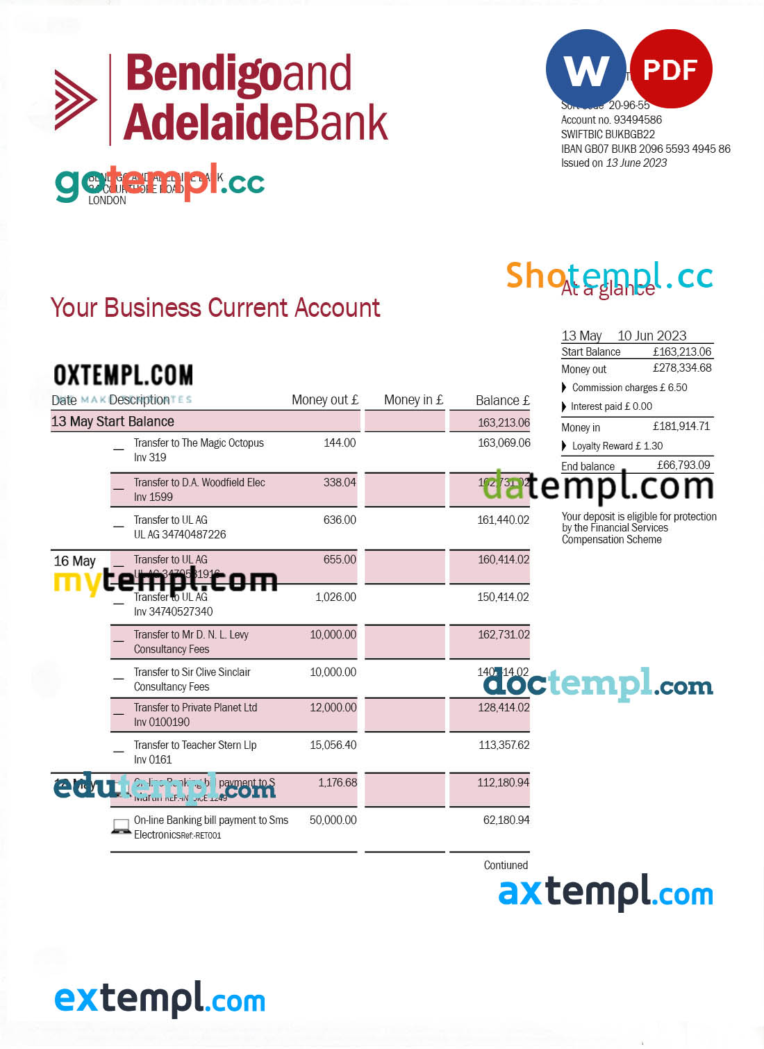Bendigo and Adelaide Bank company account statement Word and PDF template