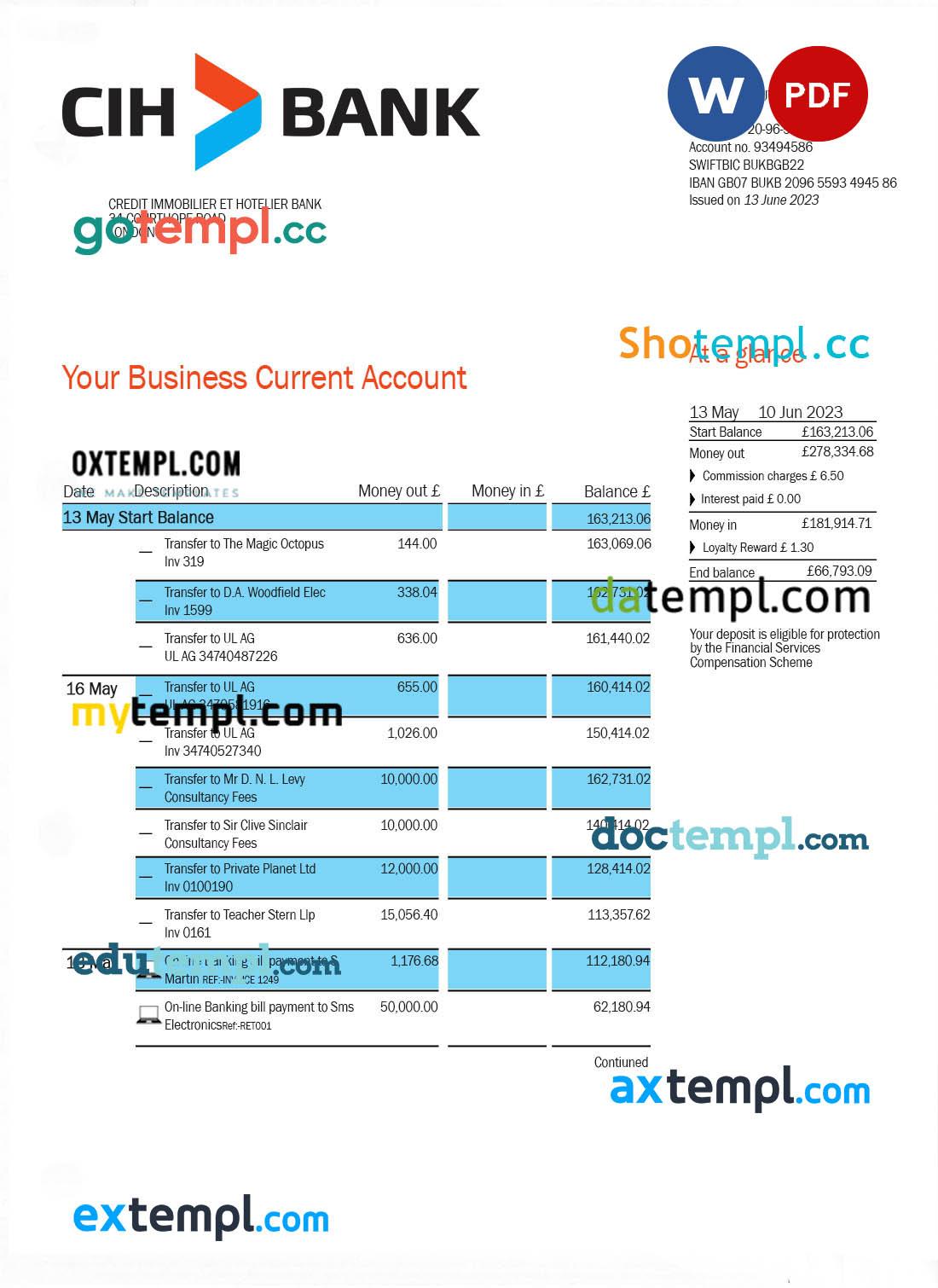 Credit Immobilier Et Hotelier enterprise account statement Word and PDF template Credit Immobilier Et Hotelier enterprise account statement Word and PDF template