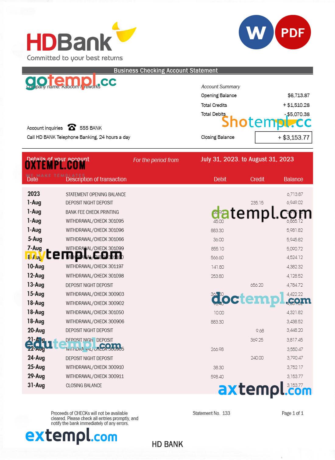 HD Bank company account statement Word and PDF template