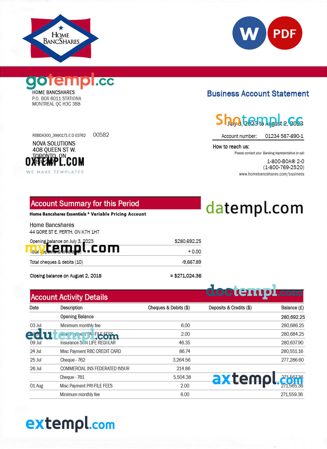 Chad Commercial Bank of Tchad bank statement Excel and PDF template, fully editable (AutoSum)