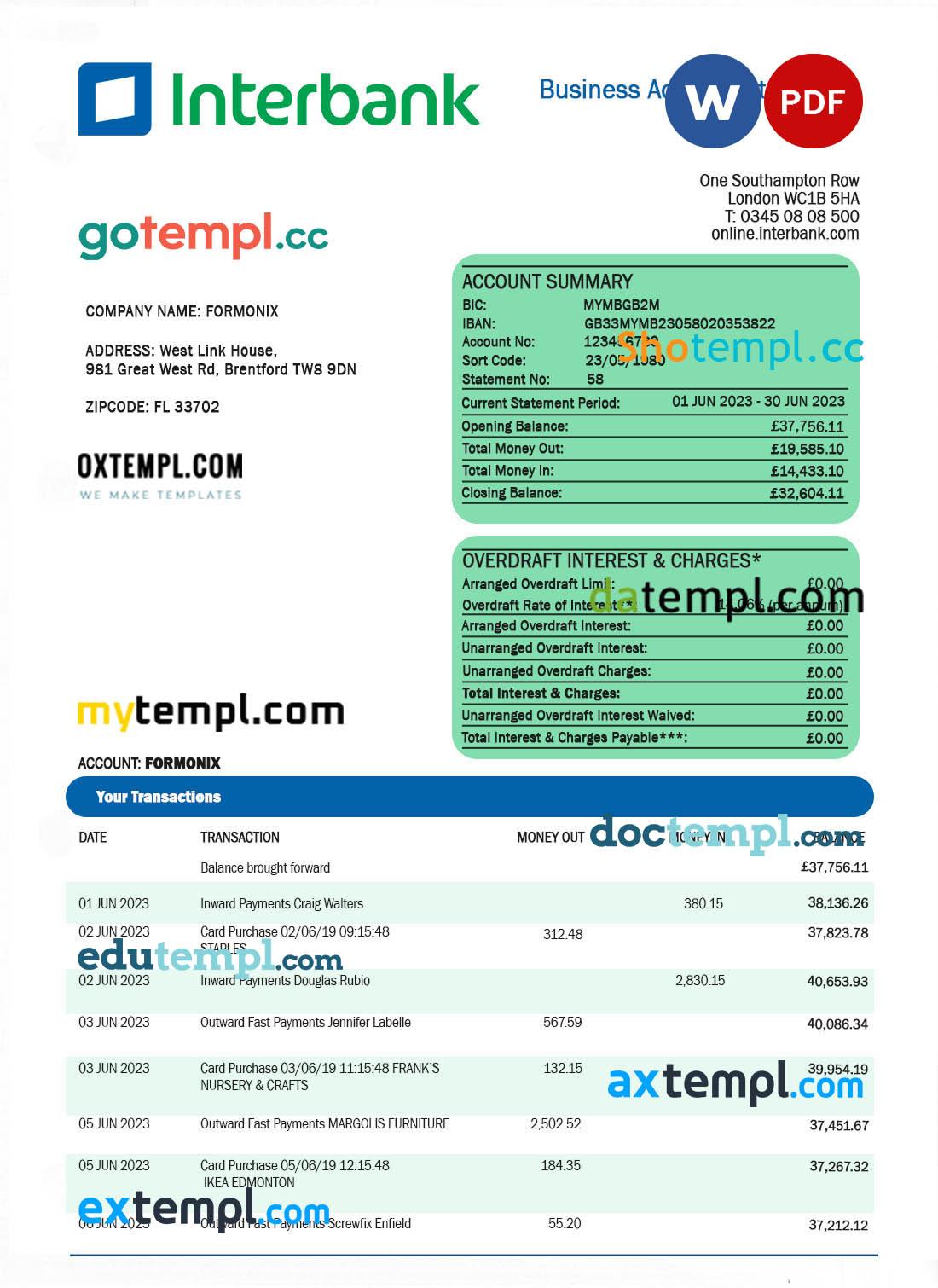 Interbank organization account statement Word and PDF template