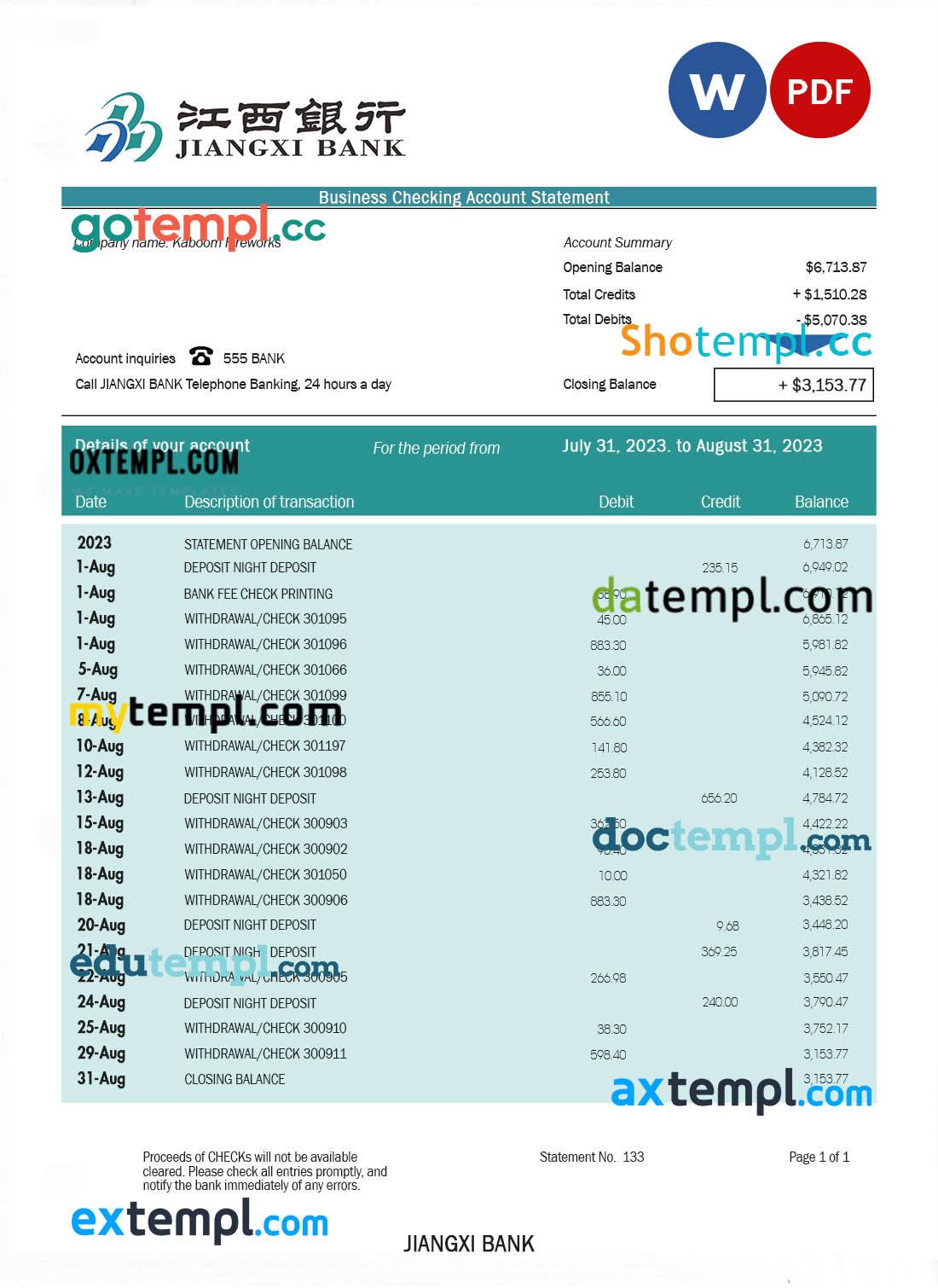 Jiangxi Bank business checking account statement Word and PDF template