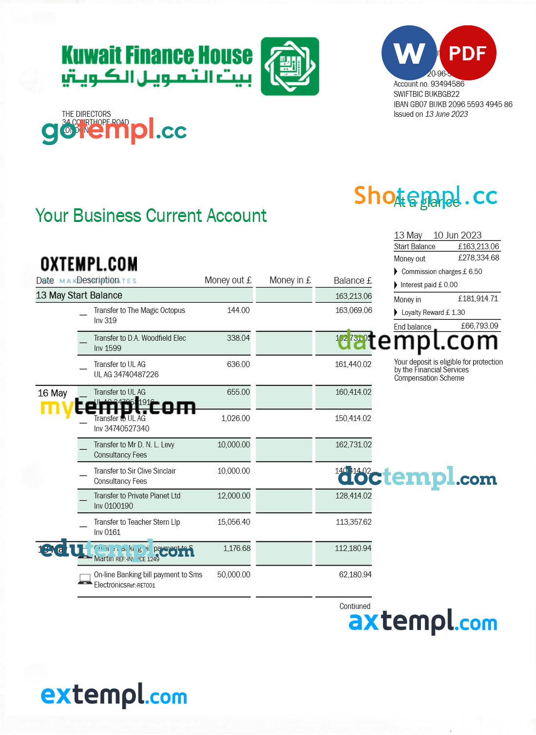 Arab Bank organization checking account statement Word and PDF template