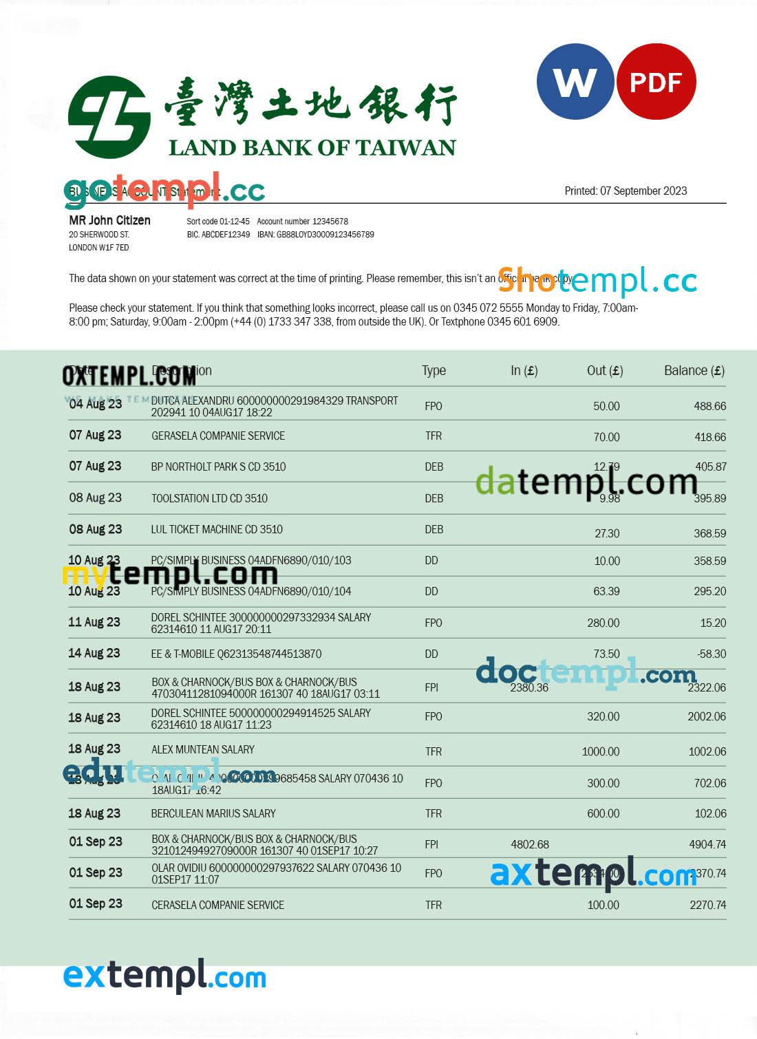 Land Bank of Taiwan firm account statement Word and PDF template