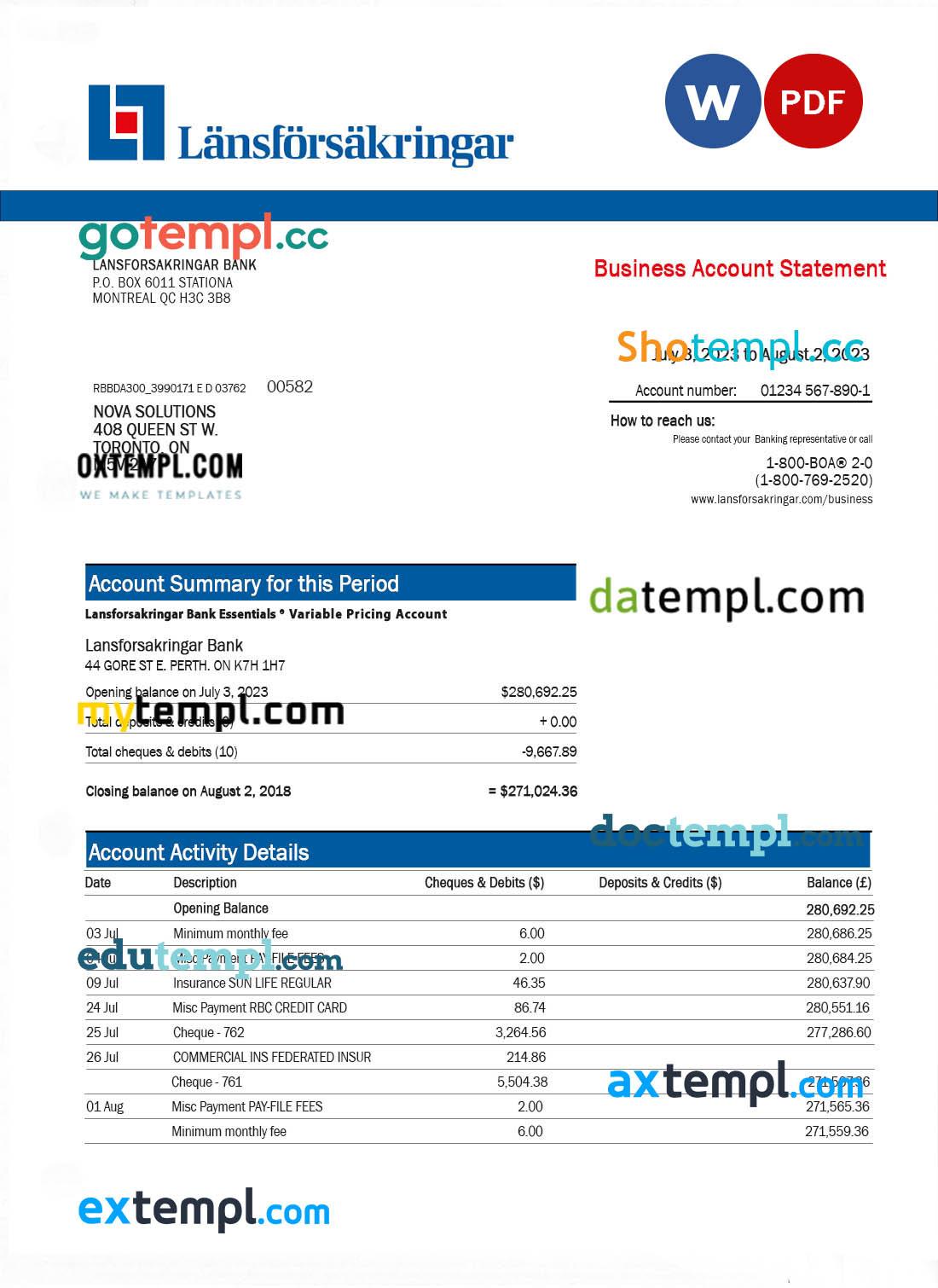 Lansforsakringar Bank company checking account statement Word and PDF template