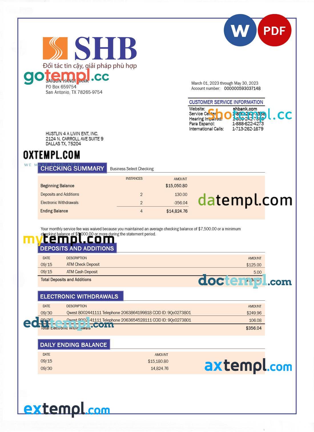 Saigon Hanoi Bank (SHB) organization account statement Word and PDF template