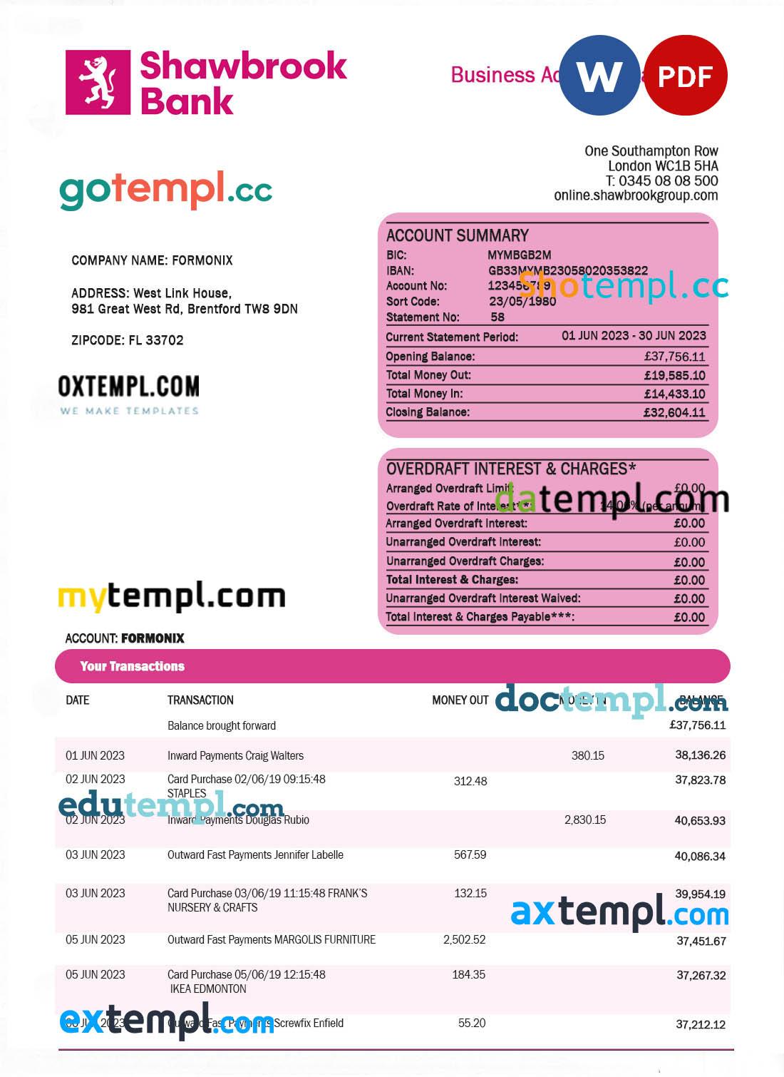 Shawbrook Group enterprise account statement Word and PDF template