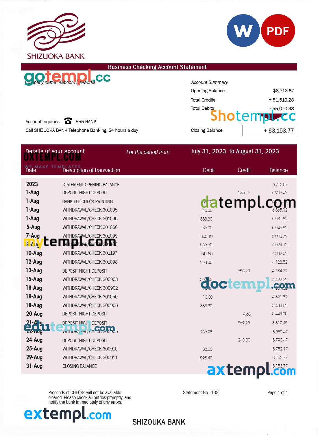 Shizuoka Bank organization checking account statement Word and PDF template