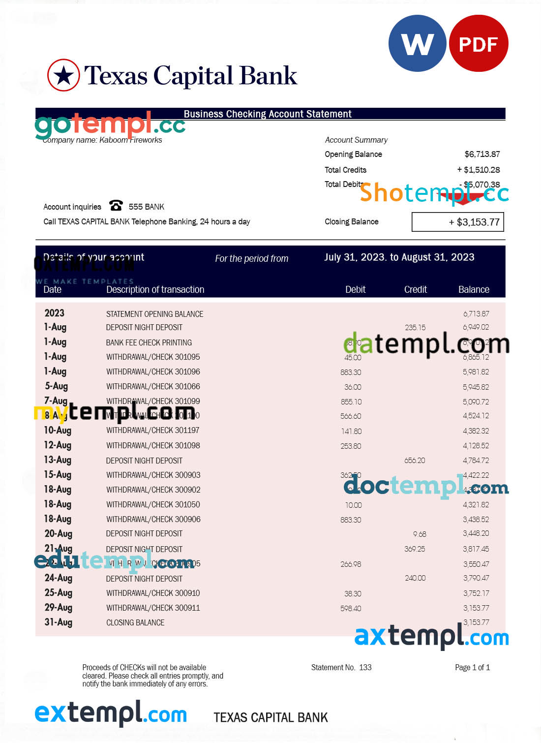 USA Bank of America bank statement template in Excel and PDF format (4 pages), version 3