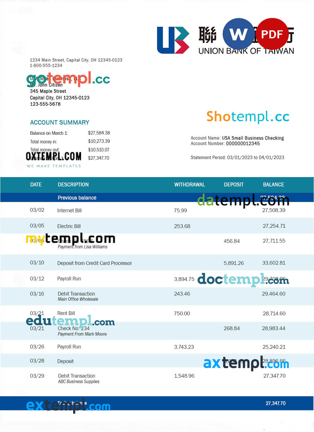 Union Bank of Taiwan company account statement Word and PDF template