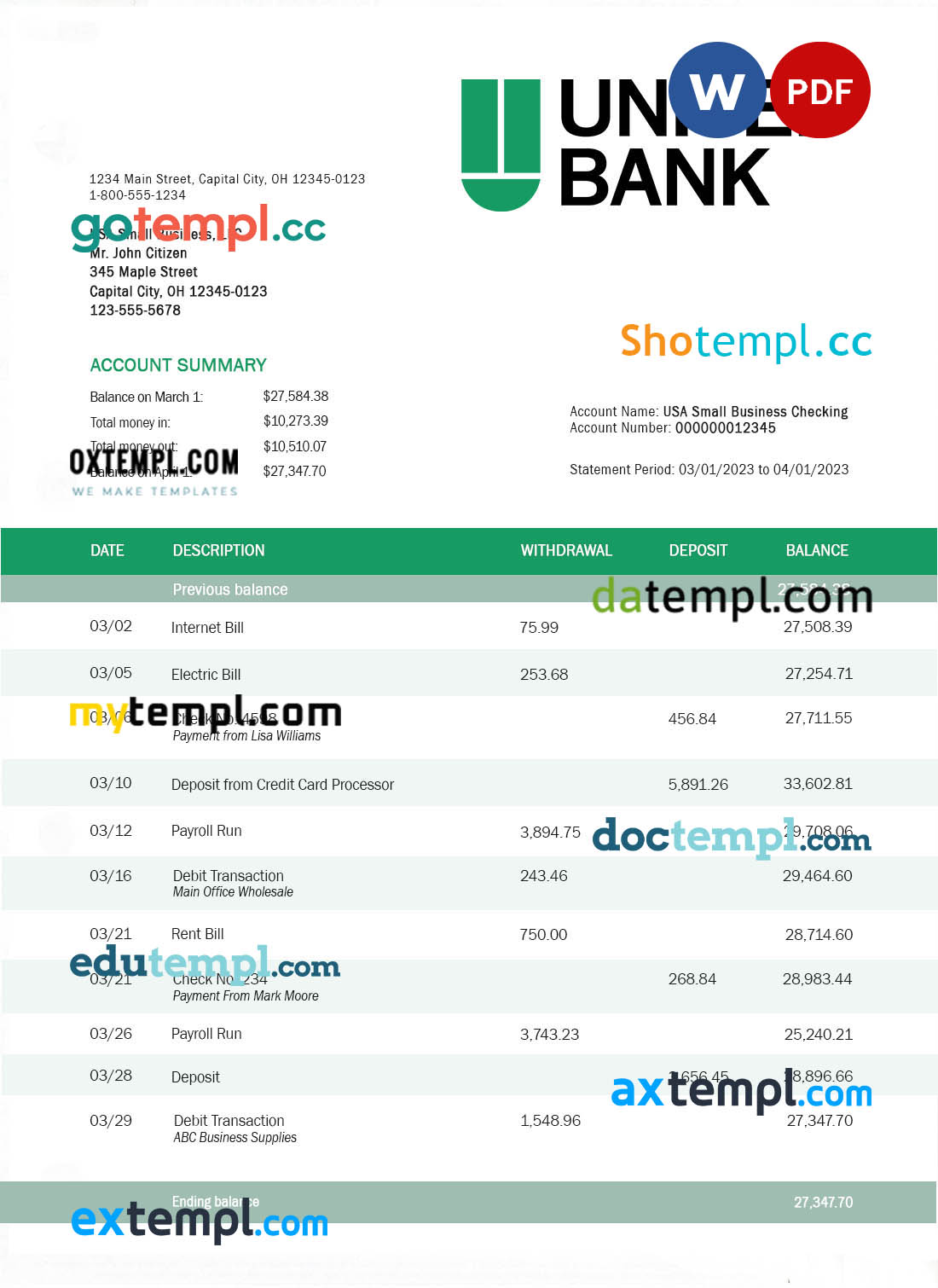 United Bank enterprise account statement Word and PDF template