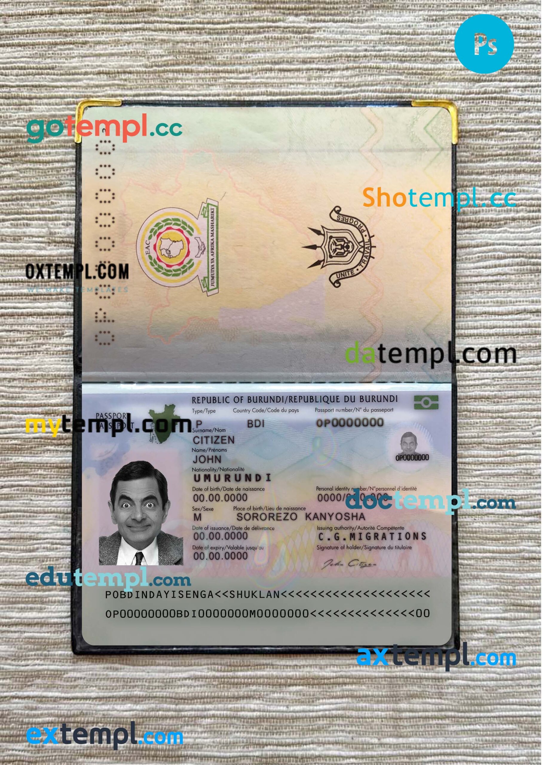 Burundi passport PSD files, scan and photograghed image (2019-present), 2 in 1