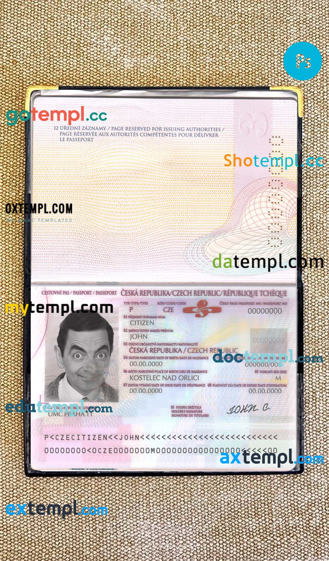 Czech passport PSD files, editable scan and photo-realistic look sample, 2 in 1