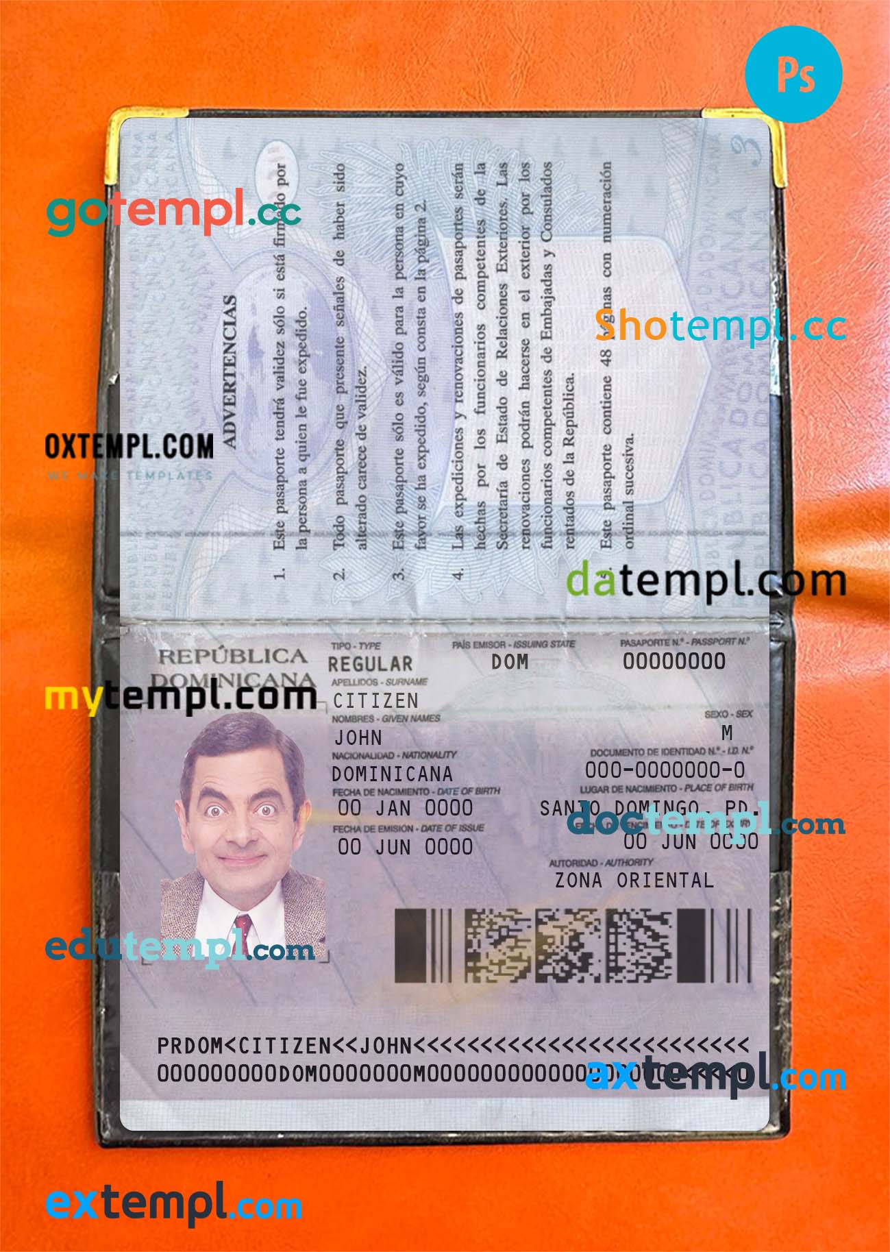 Dominican Repubic passport editable PSD files, scan and photo taken image, 2 in 1