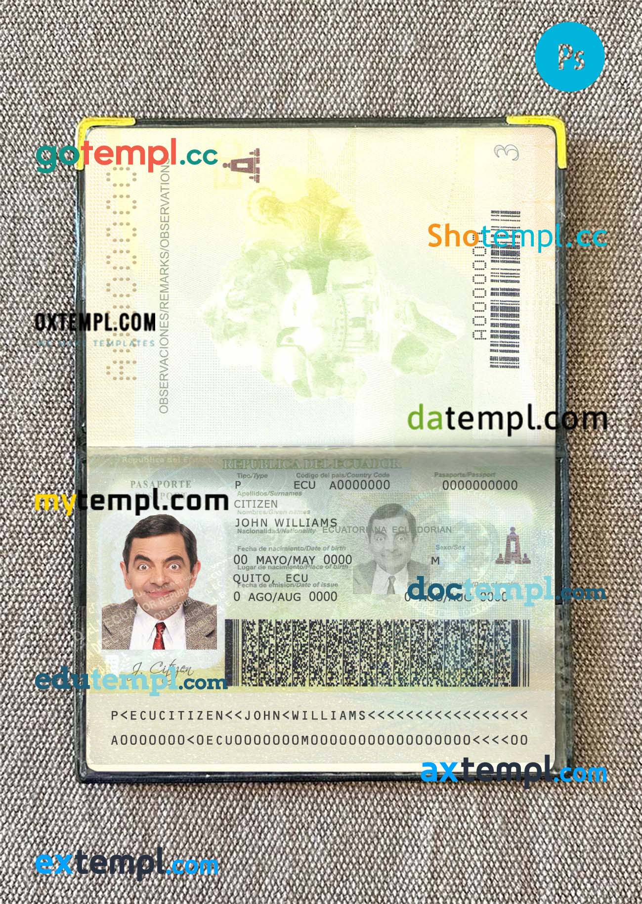 Ecuador passport editable PSDs, scan and photo-realistic snapshot, 2 in 1