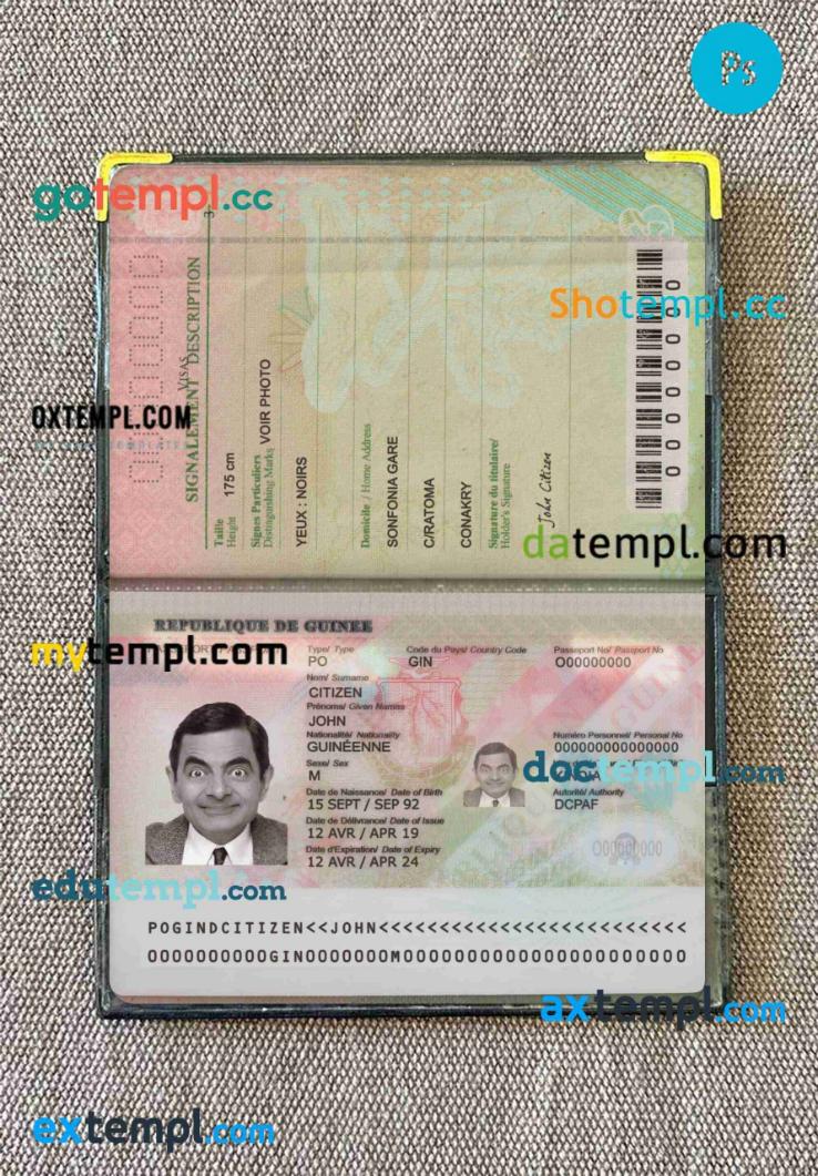 Guinea passport PSD files, scan and photo look templates (2018 present), 2 in 1 Guinea passport PSD files, scan and photo look templates (2018 present), 2 in 1