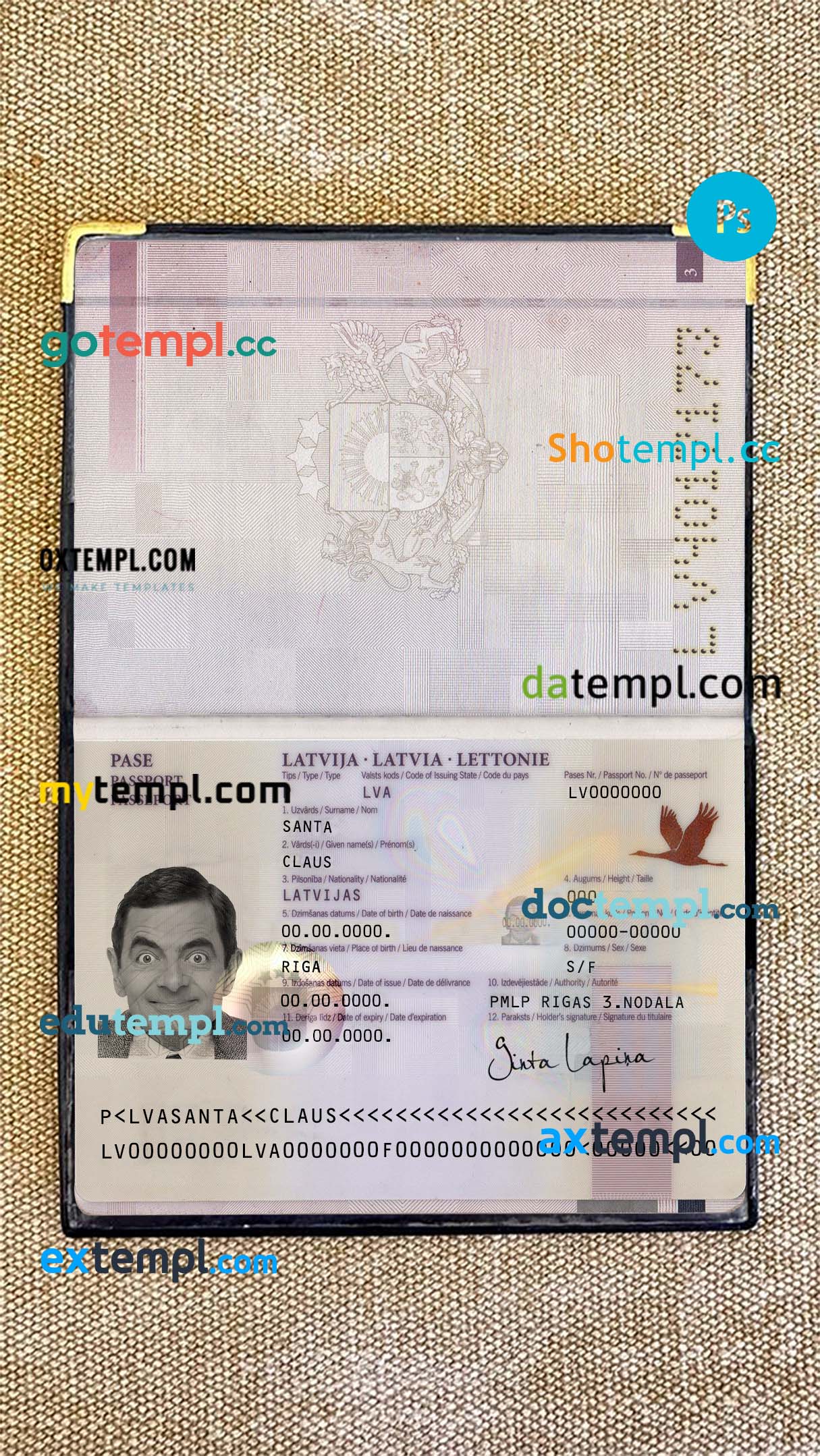 Latvia passport PSD files, editable scan and photo-realistic look sample (2007 – 2015), 2 in 1
